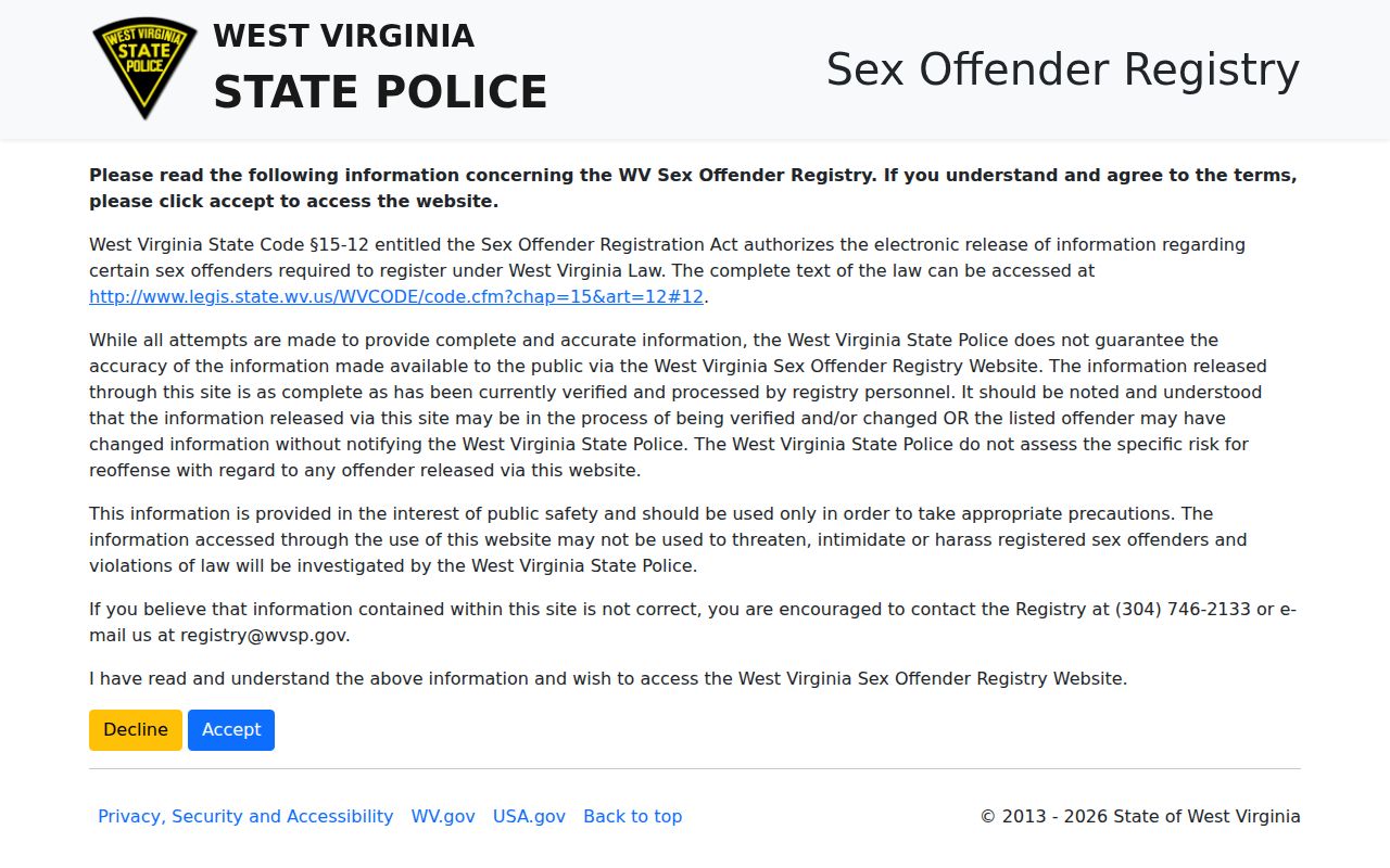 Wirt County sex offender registry disclaimer and search gateway