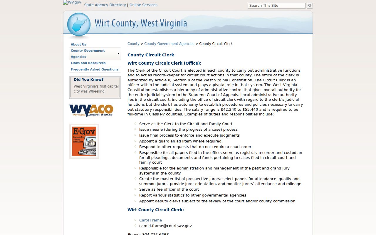 Wirt County criminal history correction source at Circuit Clerk