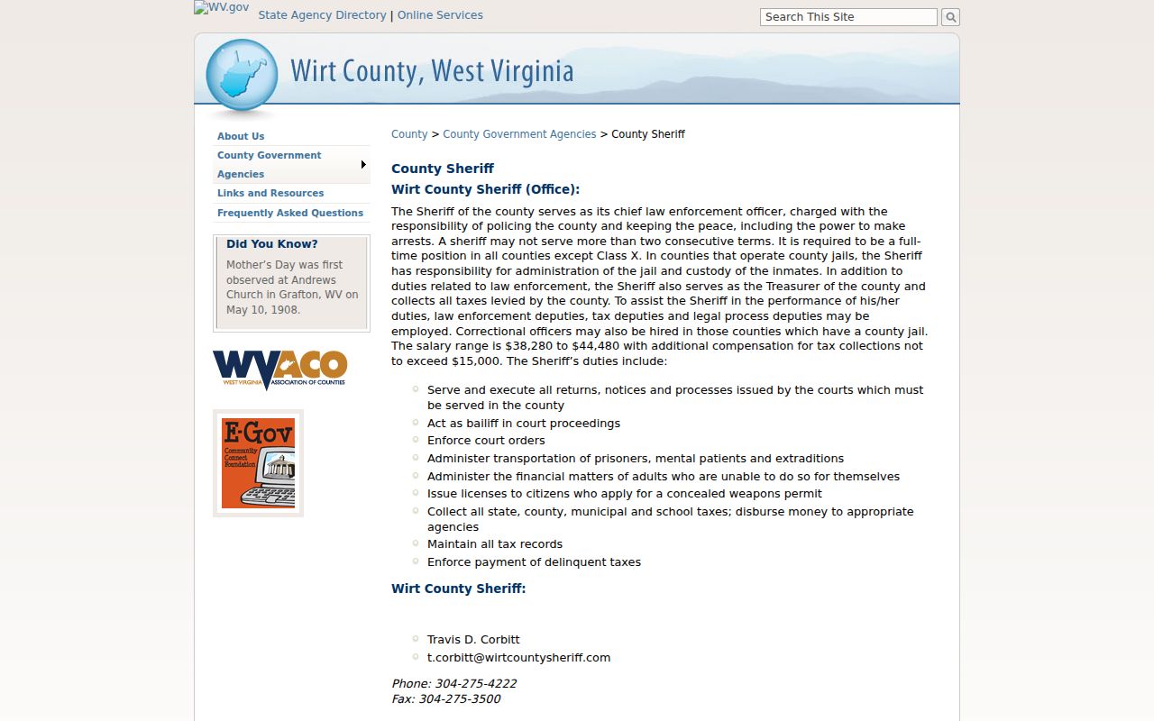 Wirt County Sheriff criminal records contact page